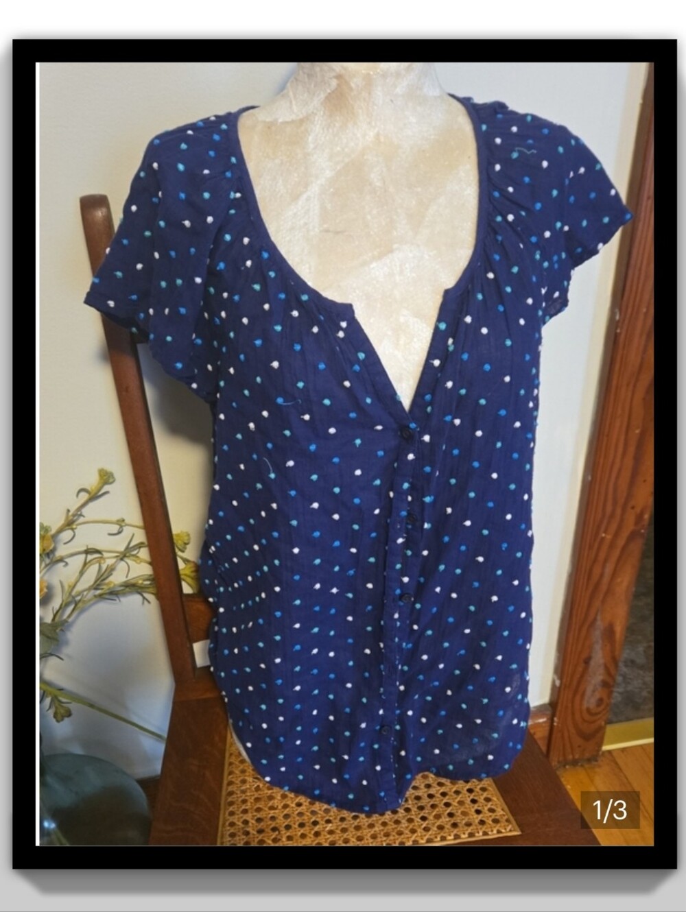 Navy Polka Dot Short Sleeve Women's Blouse Size Small